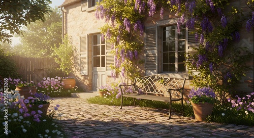 Idyllic cottage exterior with blooming flowers and relaxing bench