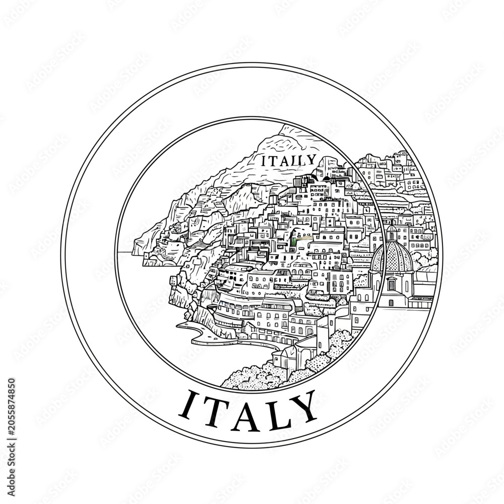 Obraz premium Italy Positano Village Sketch Graphic Emblem Circle