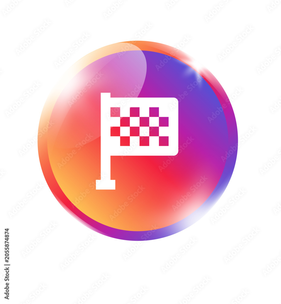 Naklejka premium Checkered flag icon in colorful orange pink purple gradient circle badge for checkered flag finish race winner complete sport competition and app on transparent background.
