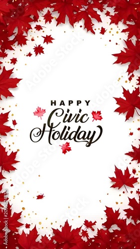 Red maple leaves border white background with black artistic text, perfect for civic holiday designs that exude joy and celebration.