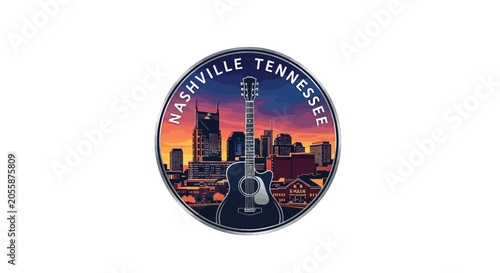Nashville Tennessee Skyline with Guitar at Sunset