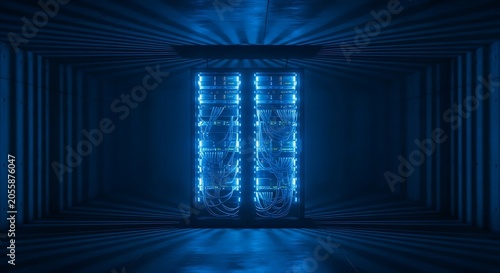Empty square room with Dark server room network with blue lights