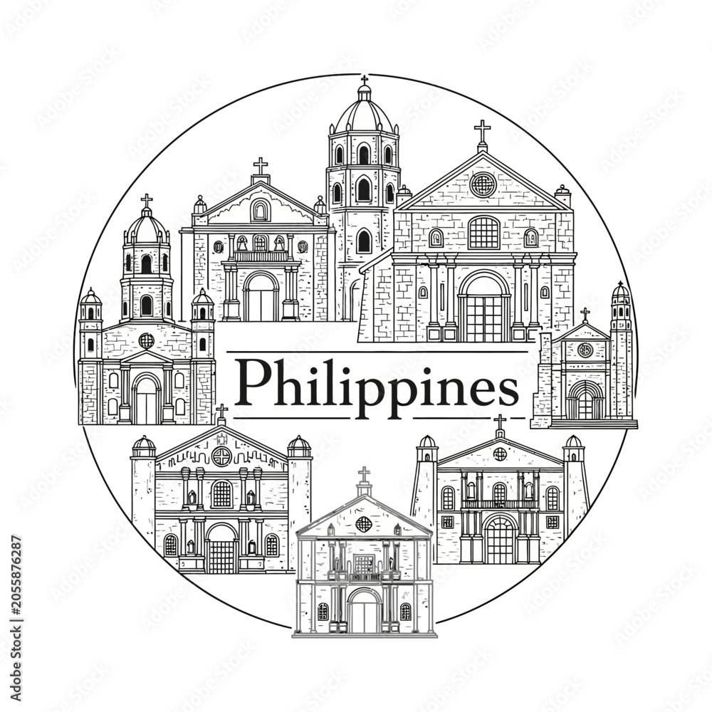 Obraz premium Philippines Churches Collection - Vintage Line Art Landmark Illustration