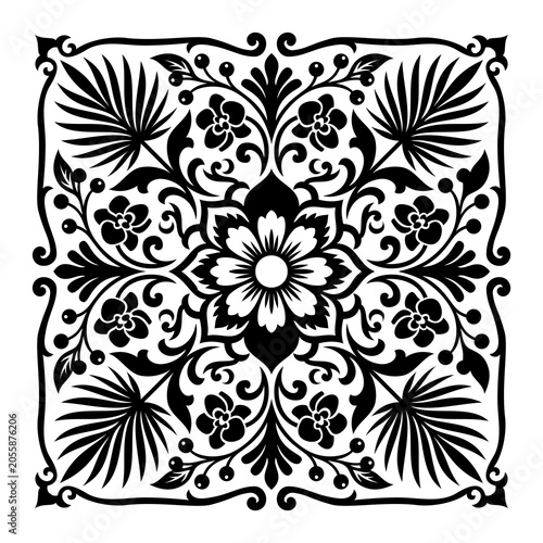 Black And White Ornate Floral Mandala Square Tile Pattern Vector Illustration