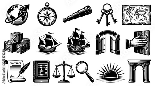 Vintage Nautical and Business Icons: Compass, Ship, Globe, Map, Keys, Contract, Telescope