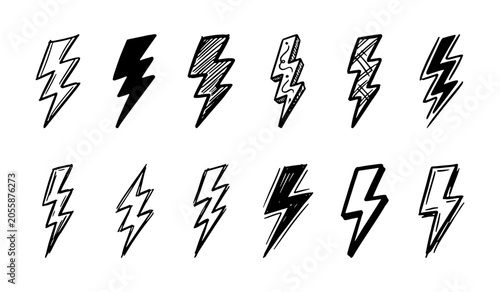 Hand Drawn Sketch Lightning Bolt Flash And Thunder Vector Illustration Elements Set