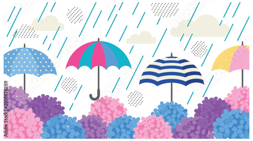 Rainy season background with umbrellas and hydrangeas.