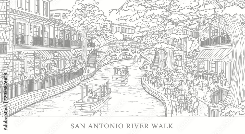 Obraz premium San Antonio River Walk Sketch: Boats, Buildings, Trees, and Bridges in Artistic Line Drawing