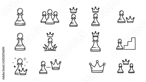 Foto Chess Pieces Icons: Pawns, Kings, and Crowns - Strategy and Competition Symbols