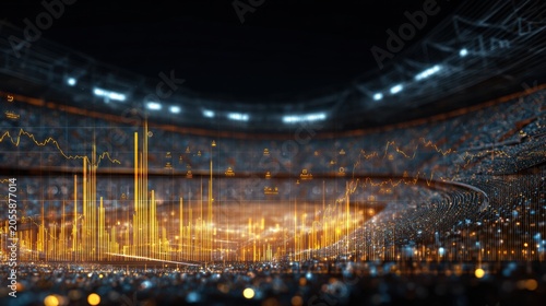 A stadium is brightly lit with data charts floating above  representing a modern concept in football betting featuring analytics and probabilities.