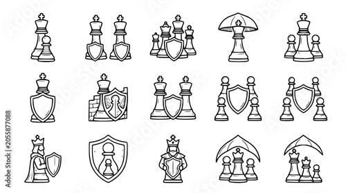 Foto Chess Pieces Protection Shield and King Strategy Symbols Set