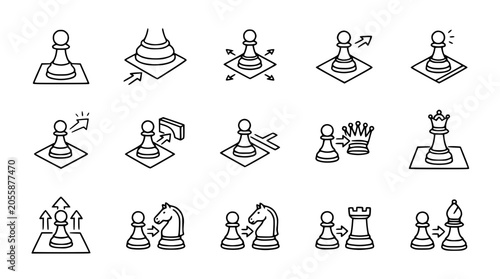 Foto Chess Pawn Movement and Transformation Icons: Strategy, Tactics, and Game Progre
