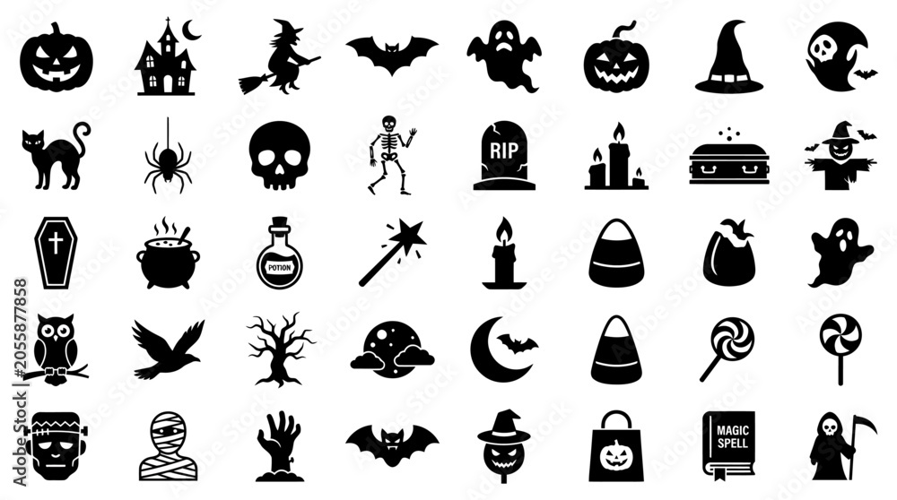 Obraz premium Set of Halloween Icons Featuring Spooky Characters and Festive Holiday Decorations in Flat Vector Style