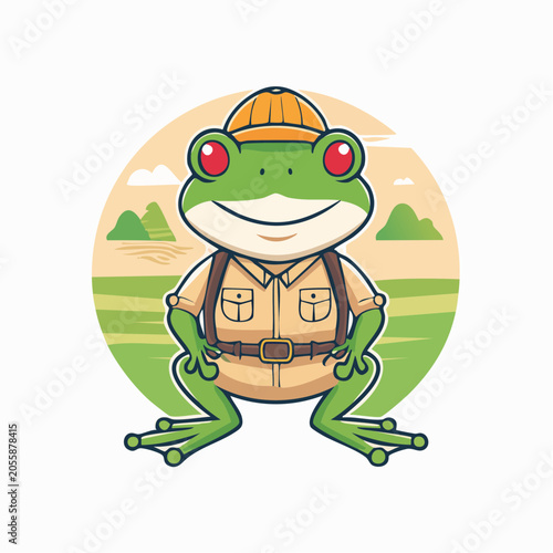 Cartoon Frog Explorer Wearing Safari Outfit and Backpack