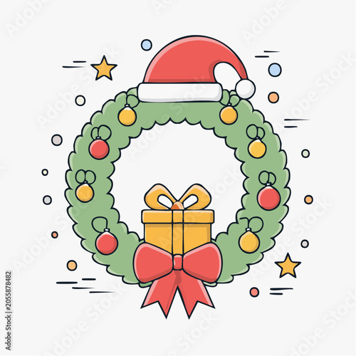 Christmas Wreath with Gift and Santa Hat