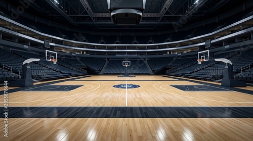 Professional indoor basketball court in a large empty arena