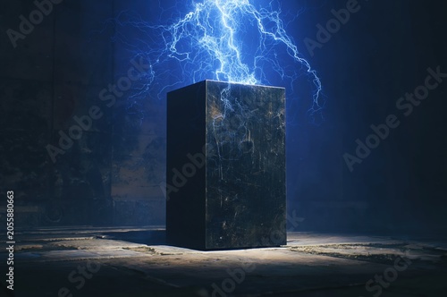 Black box monolith with lightning storm abstract concept