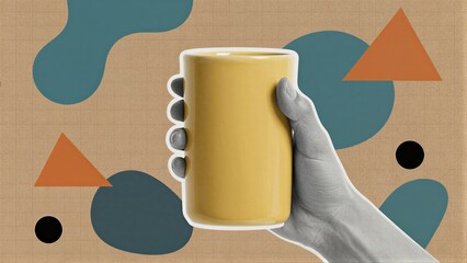 Hand holds yellow mug against colorful geometric background with abstract shapes.