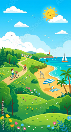 Beautiful Summer Coastal Landscape Illustration with People Cycling and Beach View