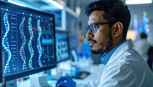 Scientist Analyzing DNA Sequence Data on Computer Screen in Laboratory.
