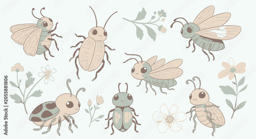 Naklejka premium Hand drawn insect and floral illustrations in soft pastel colors