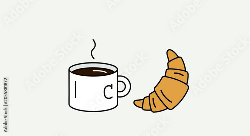 Simple Illustration of a Steaming Coffee Cup and a Golden Croissant.