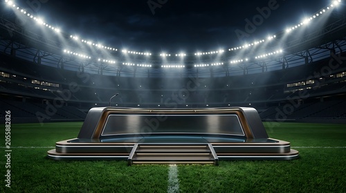 Elegant podium stage setup in a dark professional football stadium