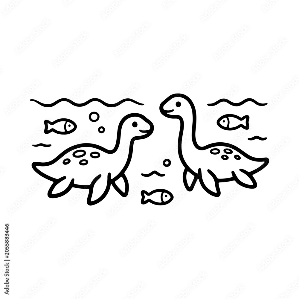 Fototapeta premium Cute plesiosaurus swimming in the water coloring page. Black and white outline of little marine dinosaurs for kids coloring book, preschool worksheets, and KDP interior.