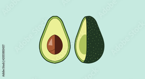 Two Halves of a Fresh Avocado, One with a Pit, on a Light Background.