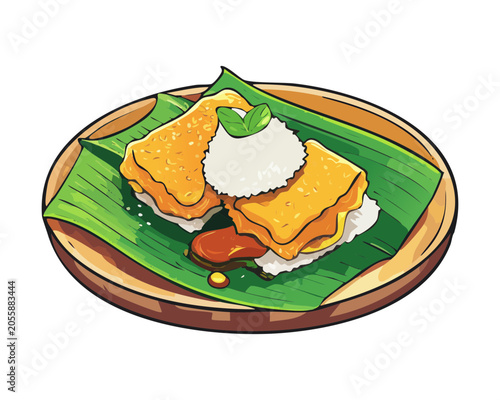 Golden fried tofu stuffed with vegetables served on a wooden plate lined with fresh green banana leaf liner - Vector Illustration