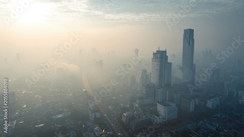 Beautiful downtown skyscraper in Bangkok city with smog and very poor air quality. High risk of PM 2.5 air pollution which unhealthy and serious health effects