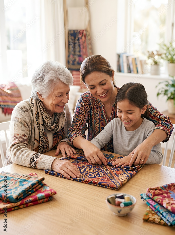 Fototapeta premium Three Generations Women Folding Fabric Together