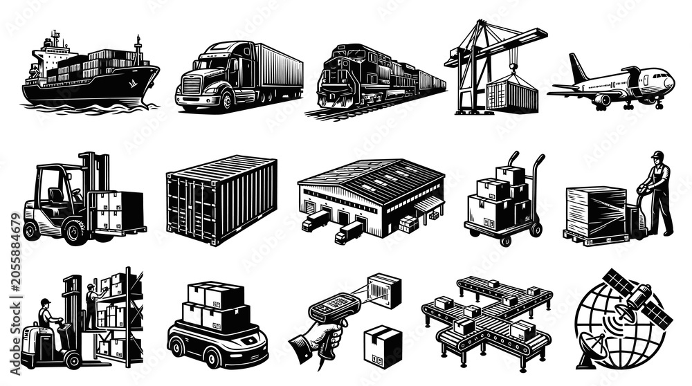 Obraz premium Logistics and Transportation Icons: Ship, Truck, Train, Crane, Plane, Forklift, Warehouse