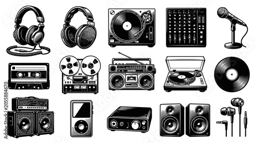 Black and White Line Art Music Audio Equipment Set. Vintage Sound Devices, Headphones, Turntables, Mixer Icons.