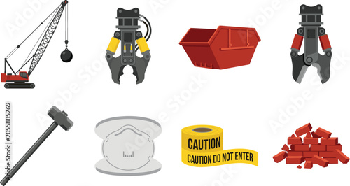 Professional demolition and construction waste removal icon set featuring wrecking ball crane skip bin and safety equipment