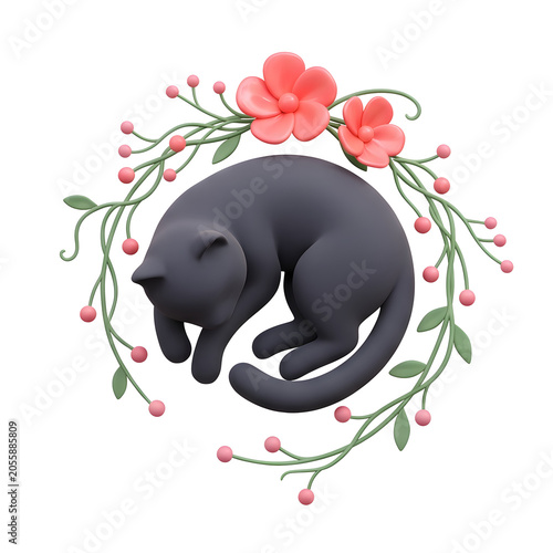 Stylized 3D render of a sleeping gray cat surrounded by flowers