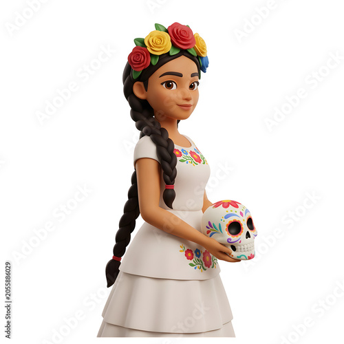 Stylized 3D Woman with Flower Crown and Sugar Skull