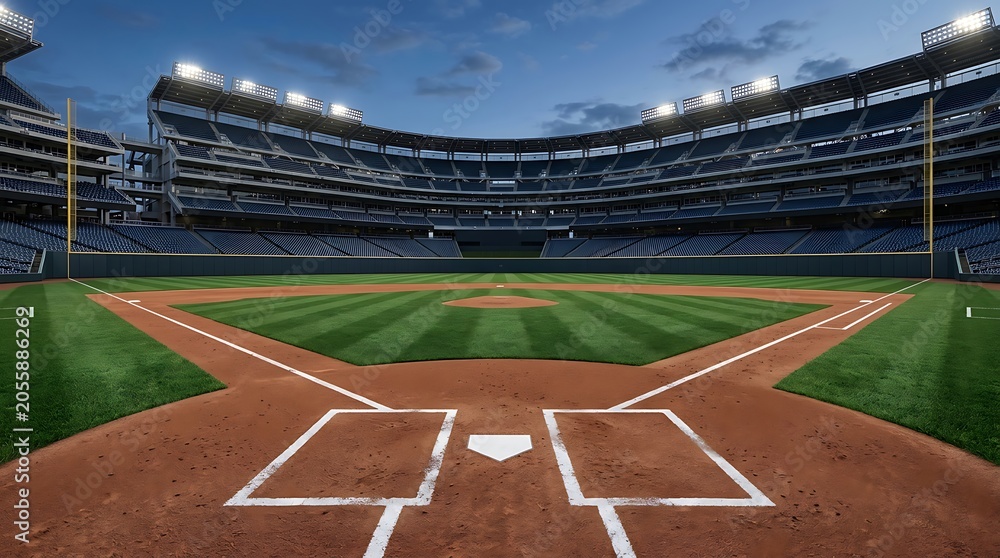 Fototapeta premium Empty baseball stadium field at dusk with bright stadium lights