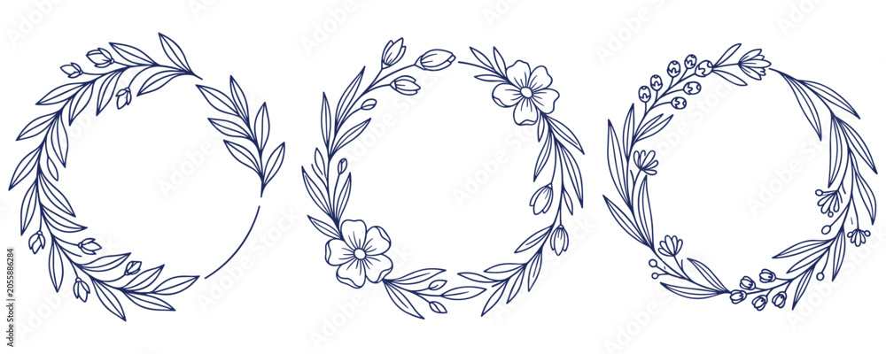 Fototapeta premium Set of elegant outline floral wreaths for design.