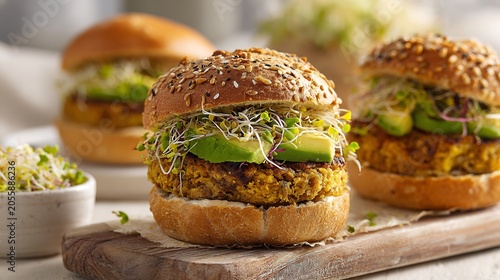 Healthy plant based burger with fresh avocado and sprouts on a seeded bun for wellness