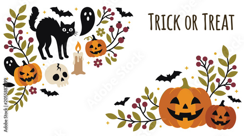 Tableau sur toile Halloween trick or treat banner with colorful spooky fall elements