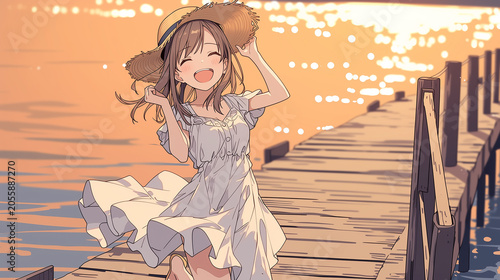 Smiling young woman in white linen dress holding straw hat on wooden pier at golden sunset, AI generated,夕暮れの桟橋で麦わら帽子を持ち微笑む白いリネンドレスの若い女性、AI生成