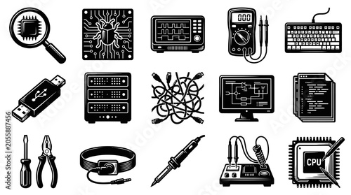 Technology Vector Icons: Electronics, Computer Hardware, Tools, Circuit Board, CPU, Magnifier
