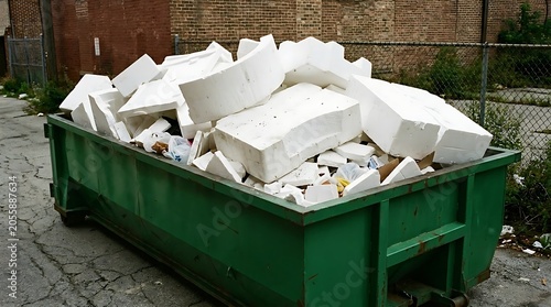 Green dumpster overflowing with white styrofoam waste in an alley