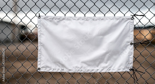 Blank white banner hangs on a chain-link fence