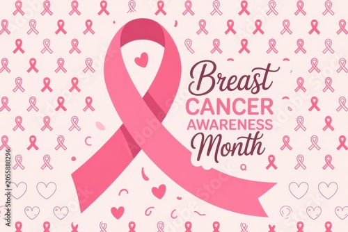 Breast Cancer Awareness Month banner with pink ribbon and heart pattern background