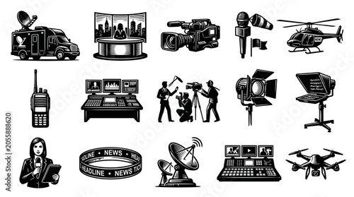 News and Media Equipment Icons: Black and White Vector Art