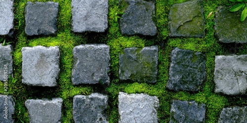 Close-up view of dark gray cobblestones interspersed with vibrant green moss