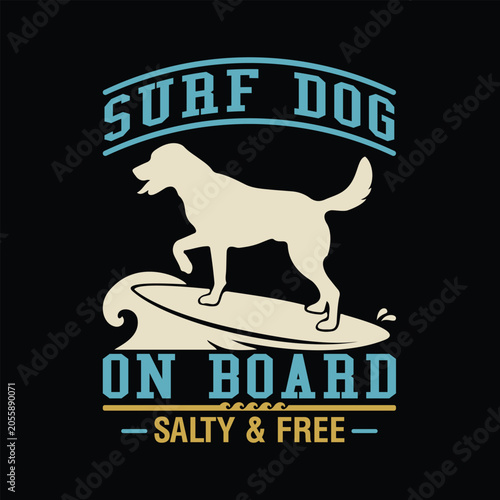 Surf Dog on Board Vintage T-Shirt Design. Vector Silhouette of Dog Surfing on Wave Retro Illustration