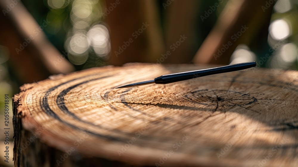 Fototapeta premium Fine-pointed tool rests on textured, sunlit tree stump, dappled light